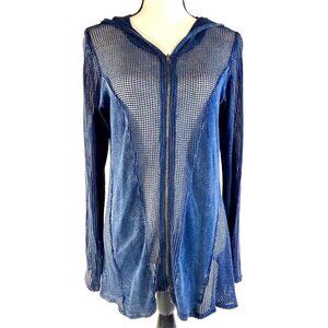T Party Tunic Hooded Blue Crochet Open Weave Sheer Zip Front Long Sleeve Woven S